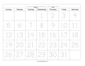 Handwriting Calendar - 31 Day - Wednesday paper