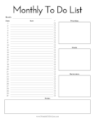 Monthly To Do List paper